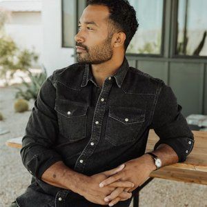 FLINT & TINDER - Black Denim Bone Button Western Shirt, Size Large (Made in USA)